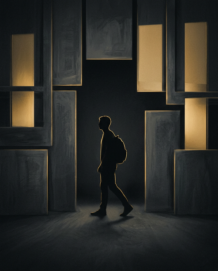 Siluett av person mot vertikala ljuspaneler, graphite och gold duotone.